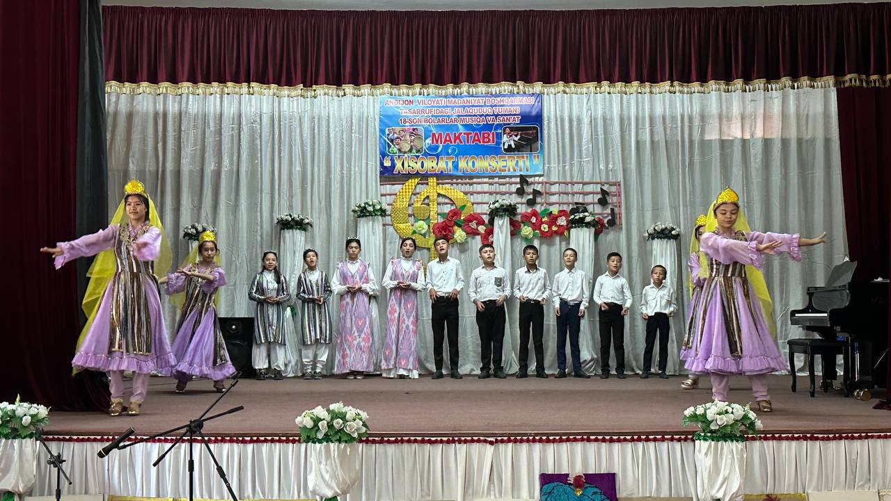 Jalaquduq tumanidagi 18-son Bolalar musiqa va san’at maktabida 2024–2025-yil o‘quv yili yakuniga bag‘ishlangan “Hisobot konserti” bo‘lib o‘tdi.