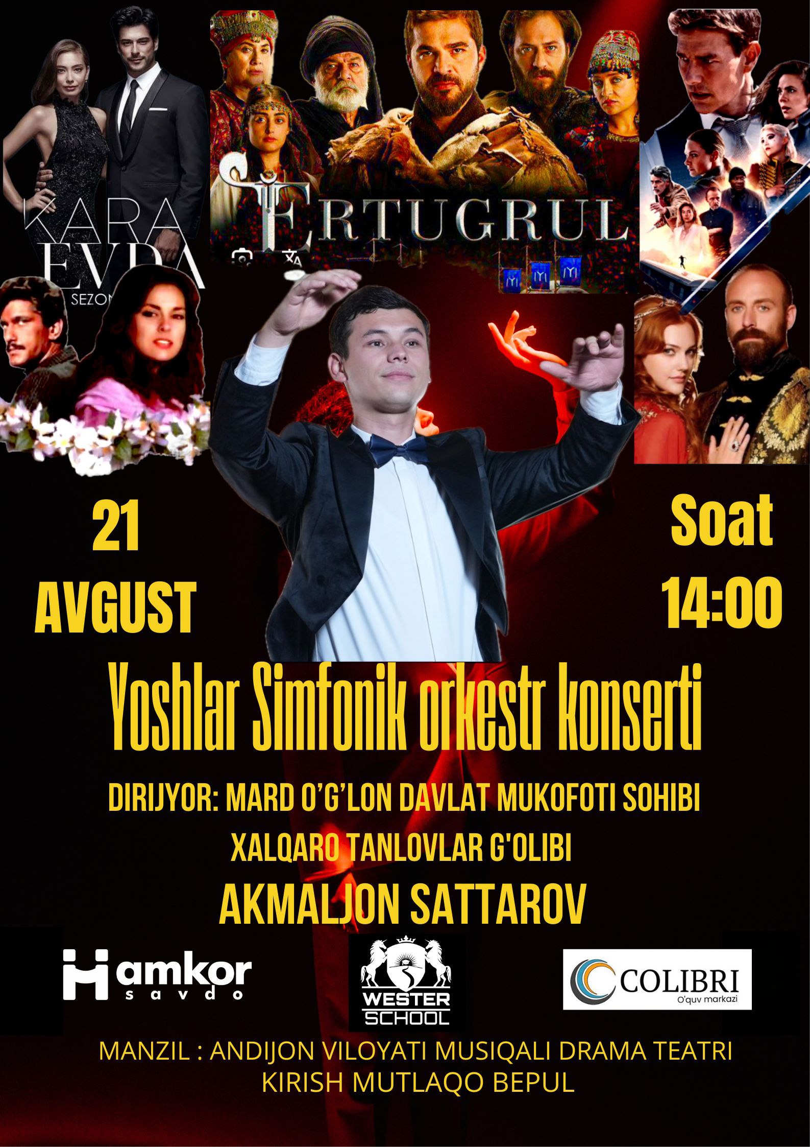 Aziz Andijonliklar sizlarni "Yoshlar Simfonik Orkestri"ning konsert dasturiga taklif etamiz.